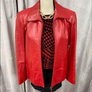🌟 GARFIELD AND MARKS Red Zip Leather Jacket Y2K